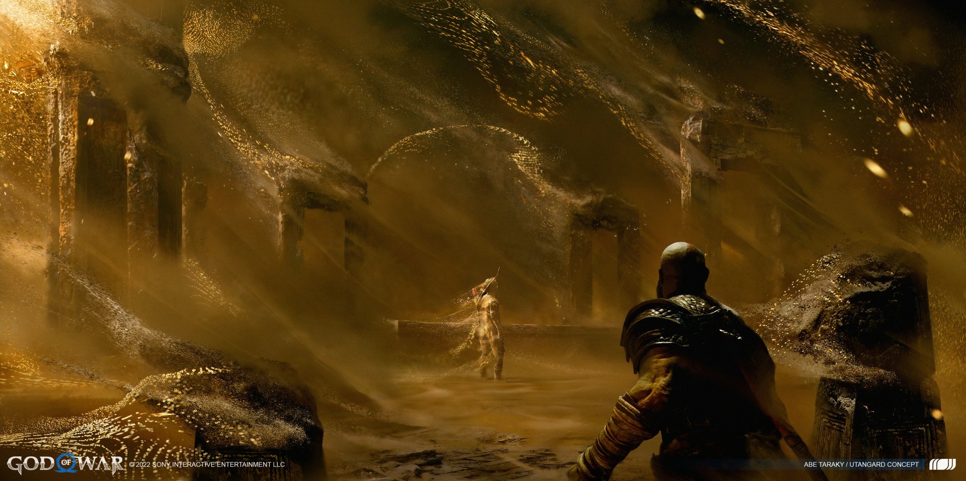 God of War: Ragnarök video game 2K Quad HD PC wallpaper — Kratos in a golden, ash-filled ruin facing a lone figure among broken pillars.