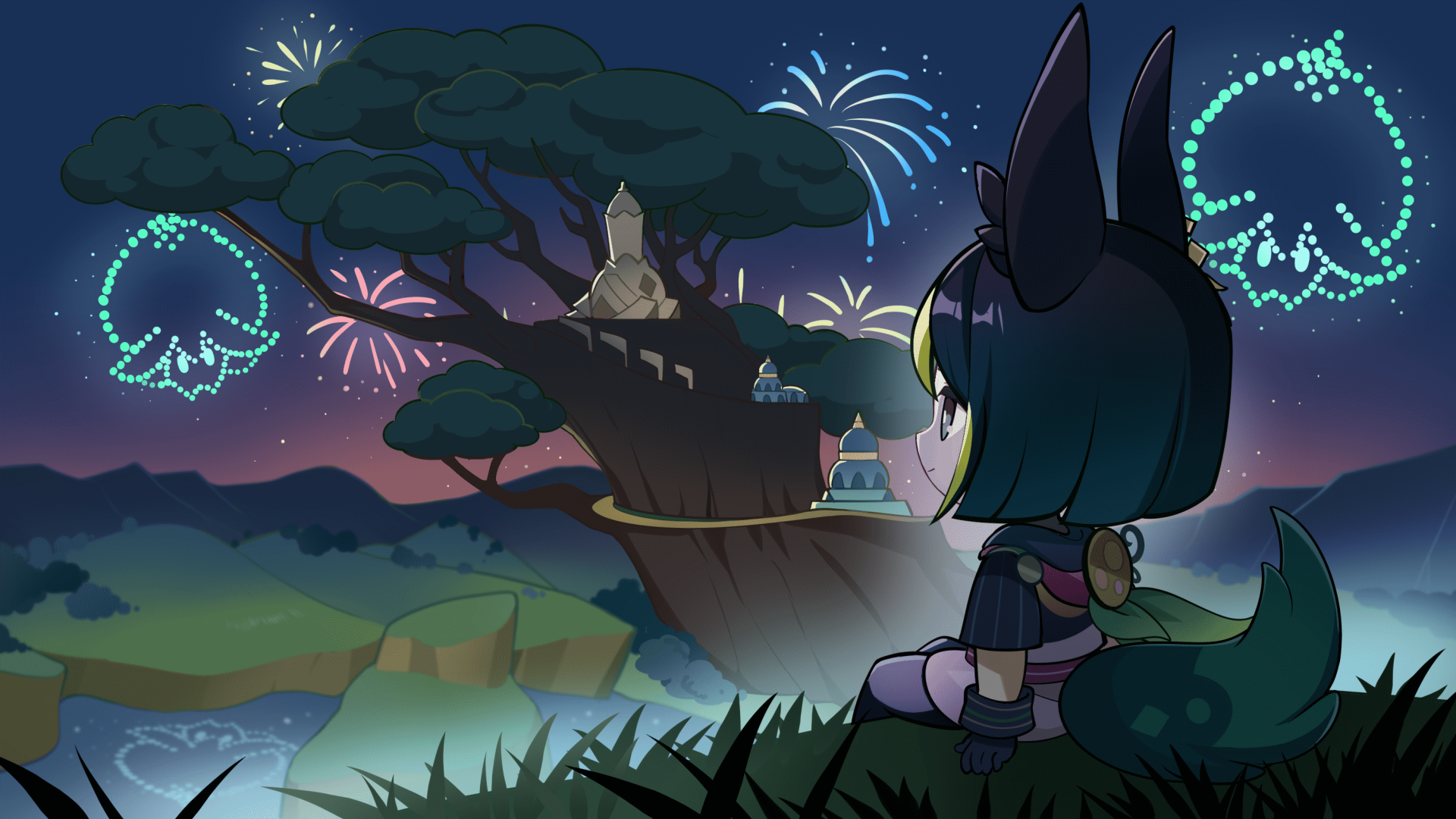 HD PC desktop wallpaper featuring Tighnari from Genshin Impact, set against a night sky illuminated by colorful fireworks and glowing jellyfish-like shapes.