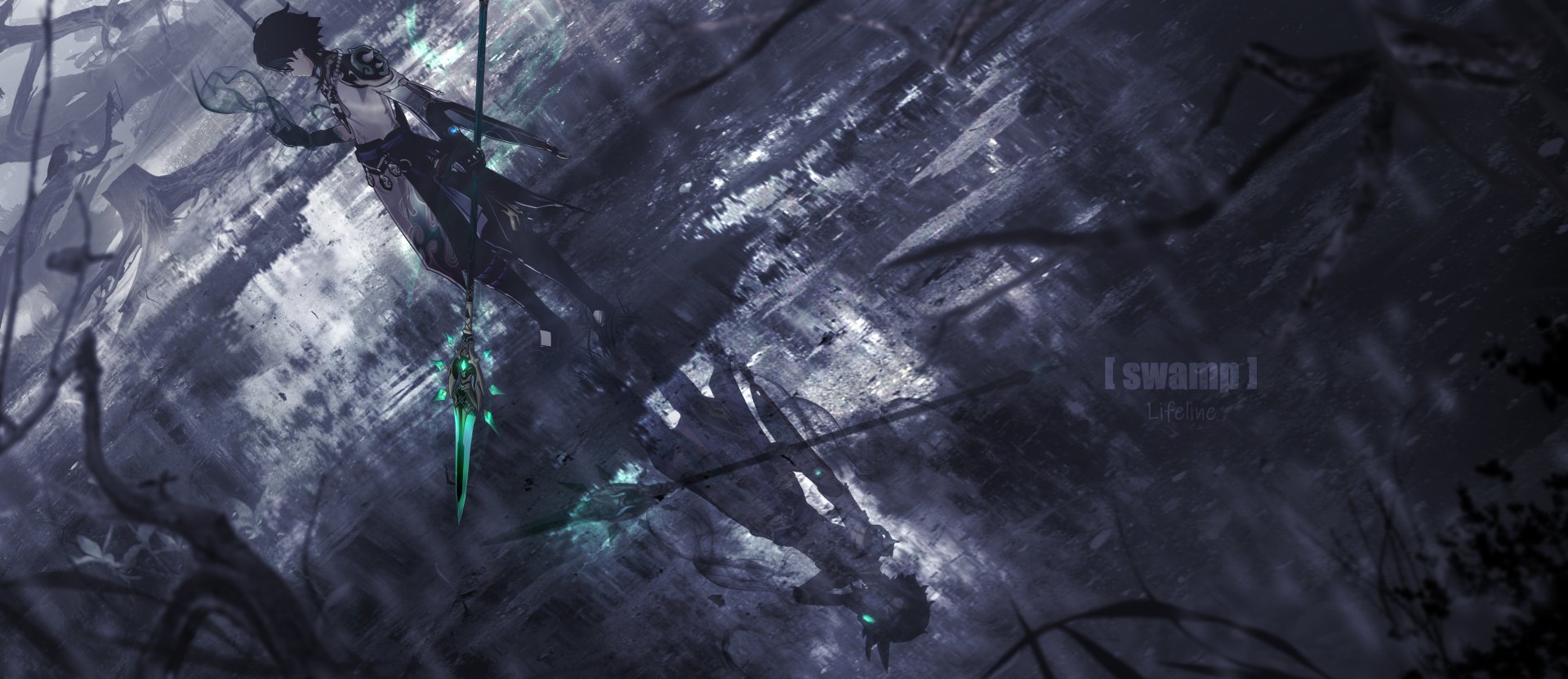 Xiao from Genshin Impact stands poised with his spear in a dark, reflective environment. This 4K Ultra HD PC wallpaper captures the game's atmospheric and detailed art style.