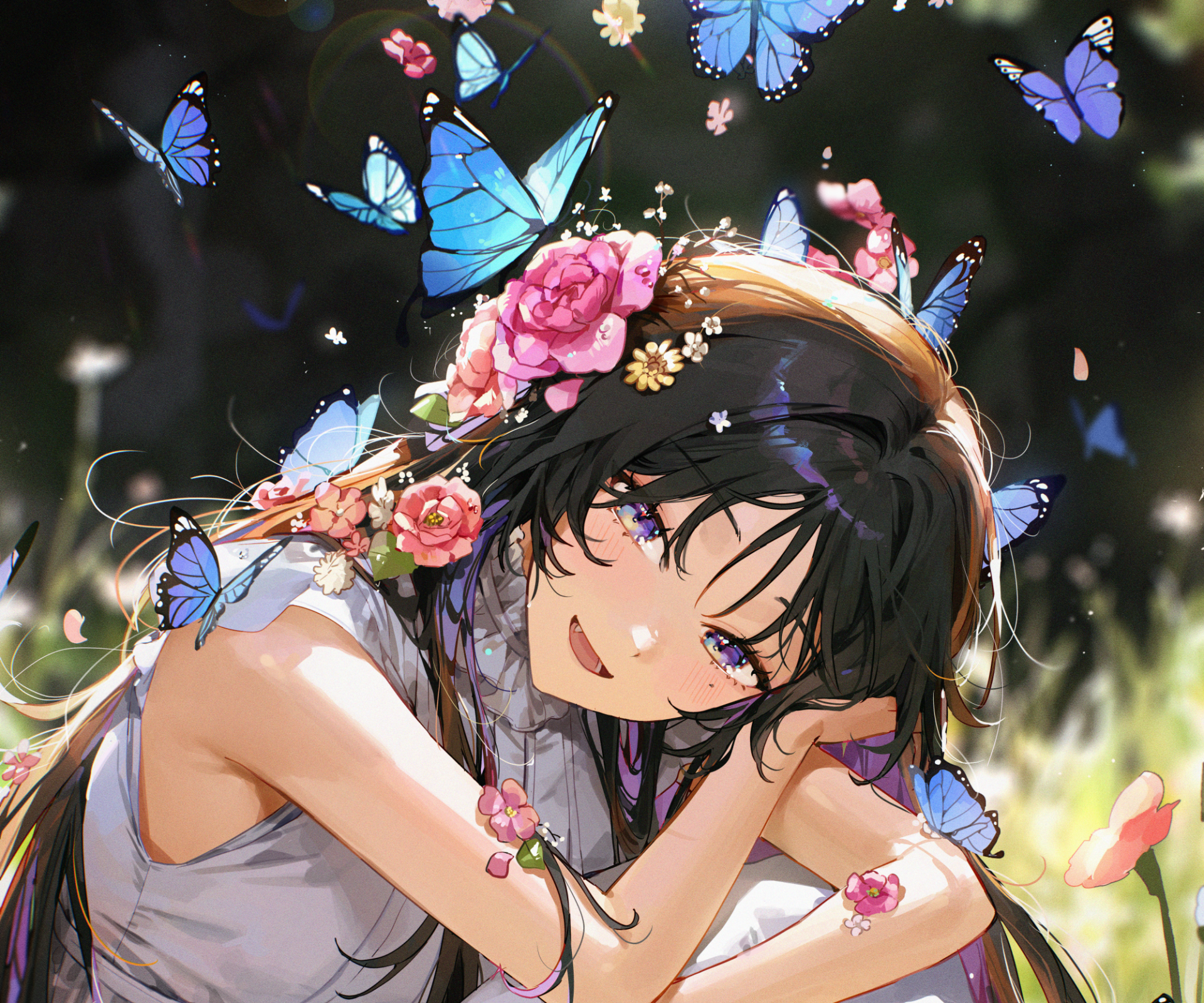 HD anime desktop wallpaper featuring a smiling anime girl adorned with a flower crown, surrounded by vibrant blue butterflies in a bright outdoor setting.