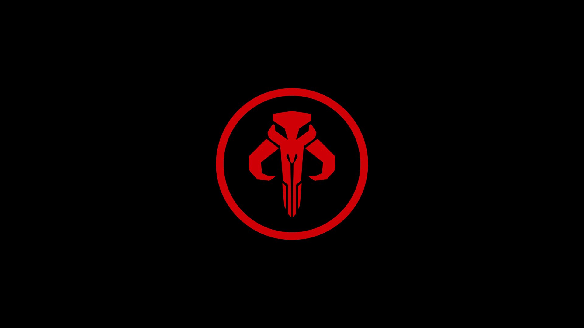 Red Mandalorian mythosaur skull emblem inside a circle on a black field — 4K Ultra HD Star Wars movie PC desktop wallpaper featuring The Mandalorian motif.