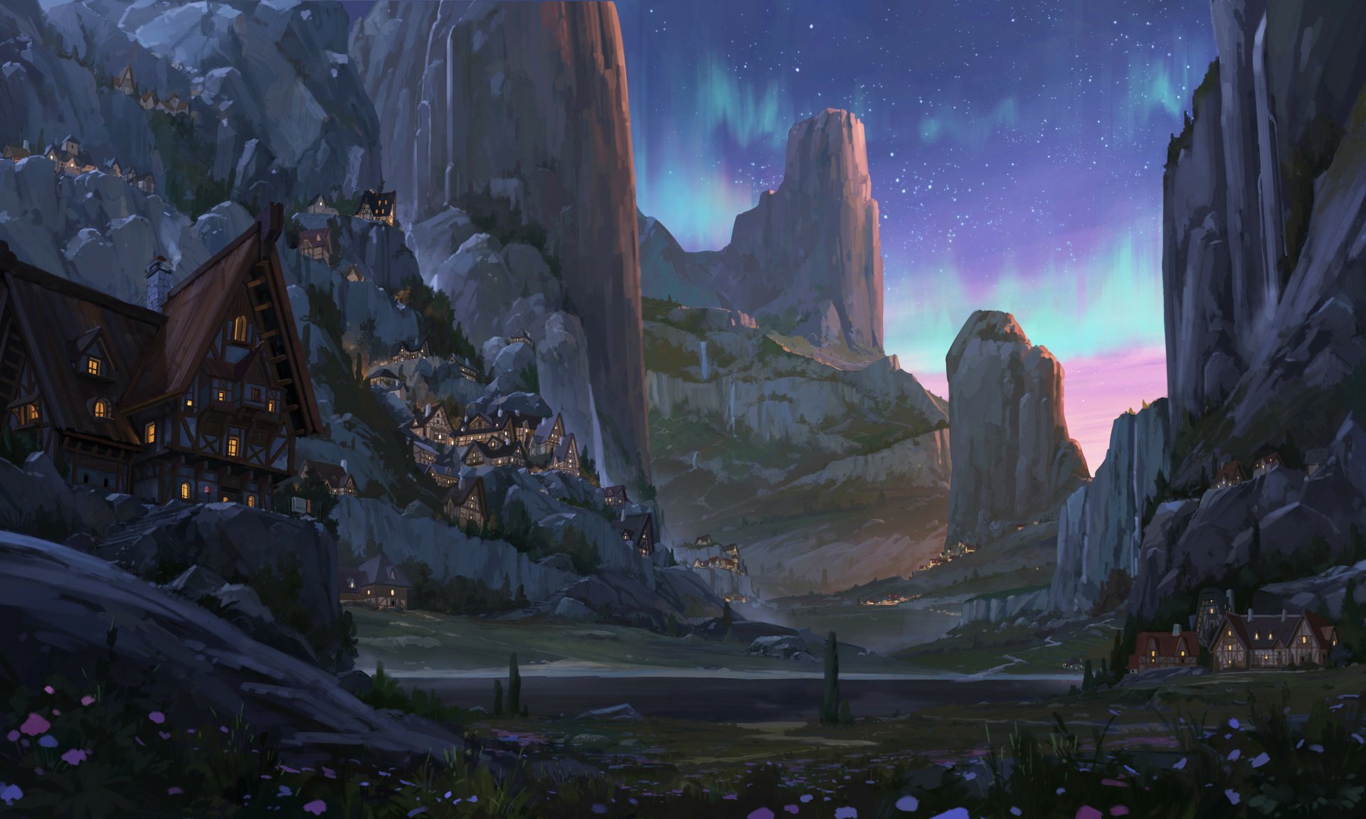 A stunning 4K Ultra HD fantasy city nestled between towering cliffs under a vibrant twilight sky, blending natural beauty with mystical architecture.