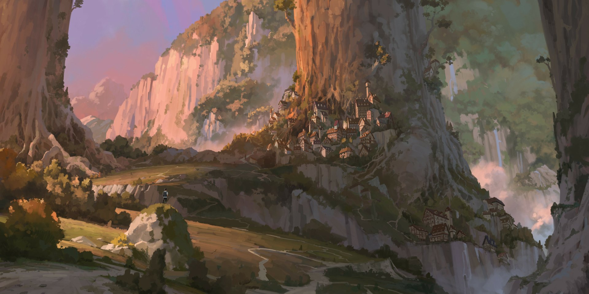 HD fantasy city wallpaper depicting a vibrant village built into towering cliffs, bathed in warm light with lush greenery and dramatic mountain scenery.