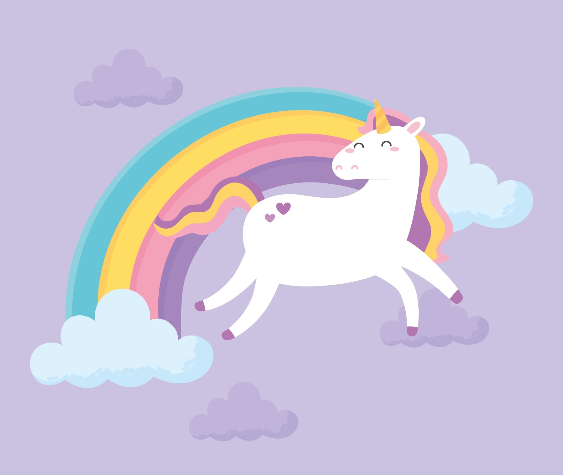 Fantasy unicorn leaping before a rainbow and clouds on a lavender sky — 8K Ultra HD PC desktop wallpaper and background.
