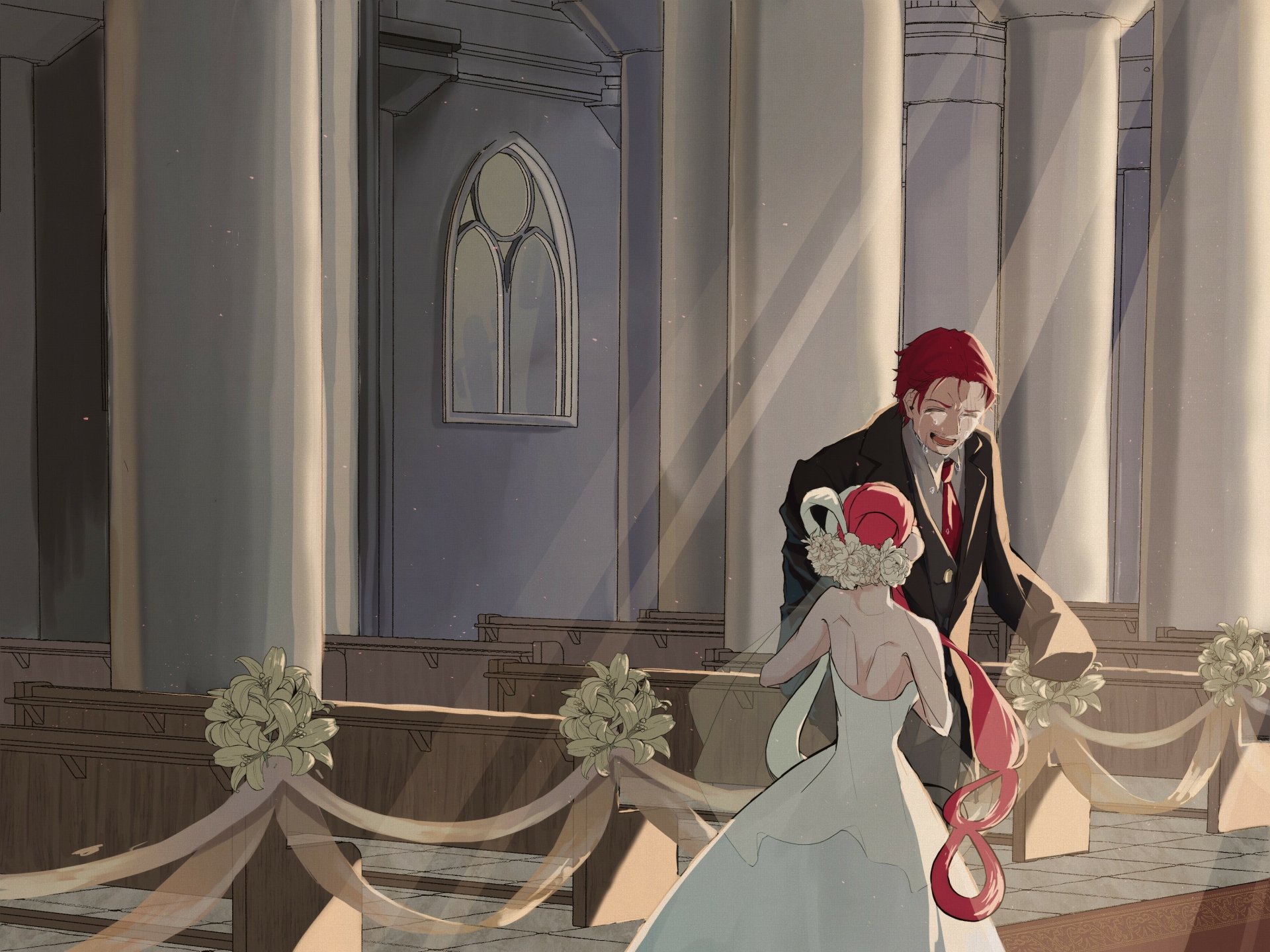 Anime 2K Quad HD PC desktop wallpaper of One Piece's Shanks and Uta — Uta in a wedding gown and Shanks in a suit walking down a sunlit chapel aisle decorated with ribbons and flowers.