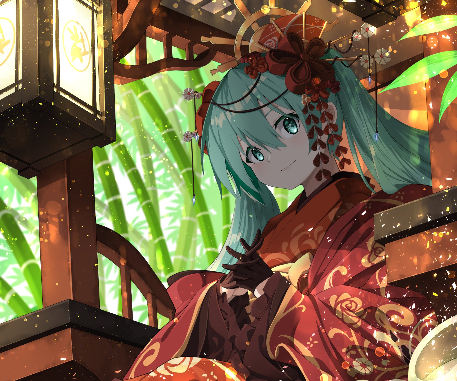 Hatsune Miku in an ornate kimono amid a bamboo grove, anime Vocaloid portrait with lantern light — 2K Quad HD PC desktop wallpaper/background.