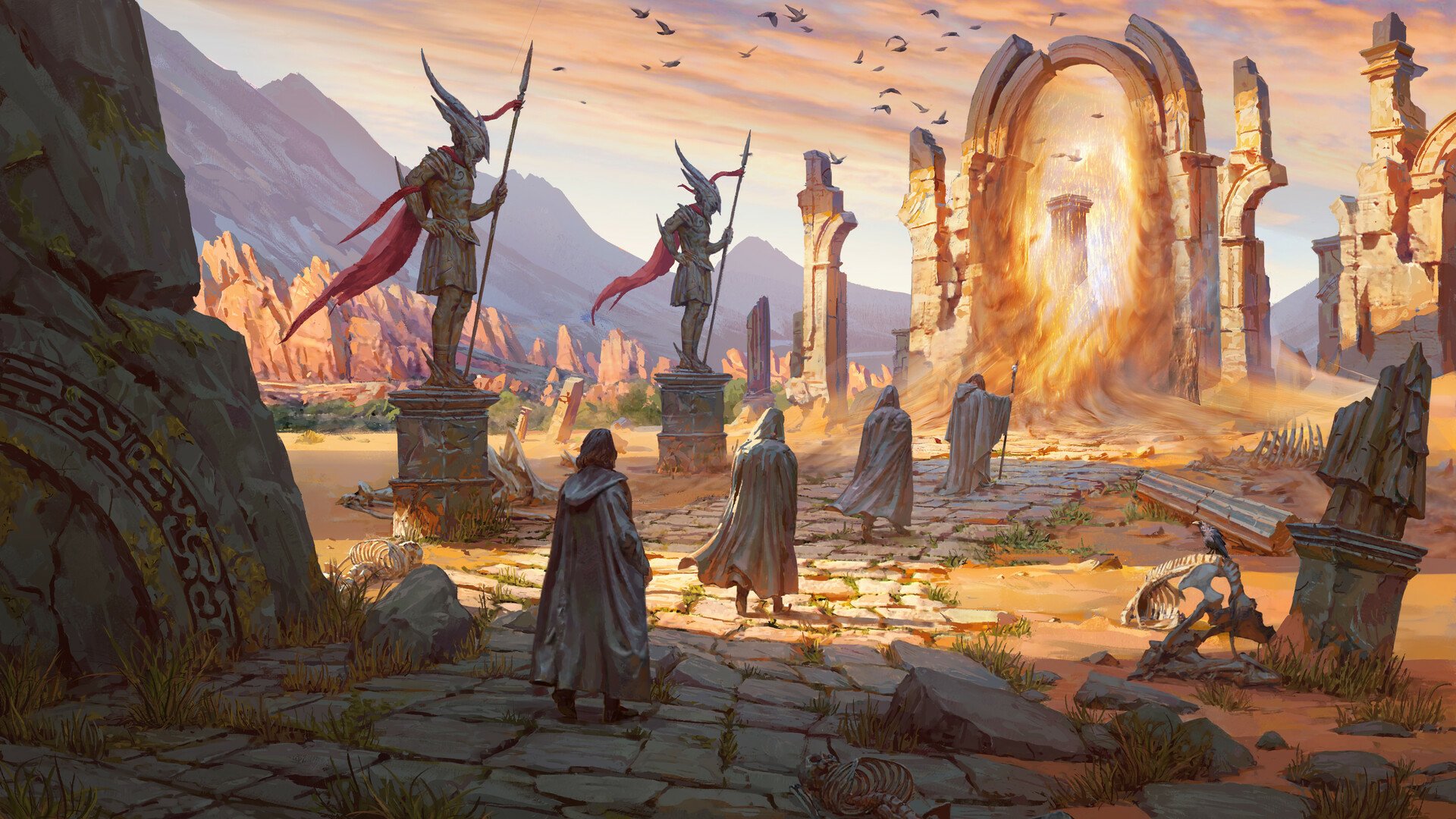A fantasy HD PC desktop wallpaper depicting cloaked figures approaching an ancient, glowing portal framed by statues in a rugged, mystical landscape.
