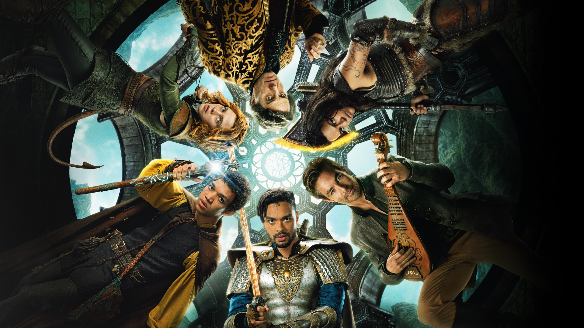 8K Ultra HD PC desktop wallpaper featuring the cast of the movie Dungeons & Dragons: Honor Among Thieves in a dramatic circular pose inside a mystical setting.