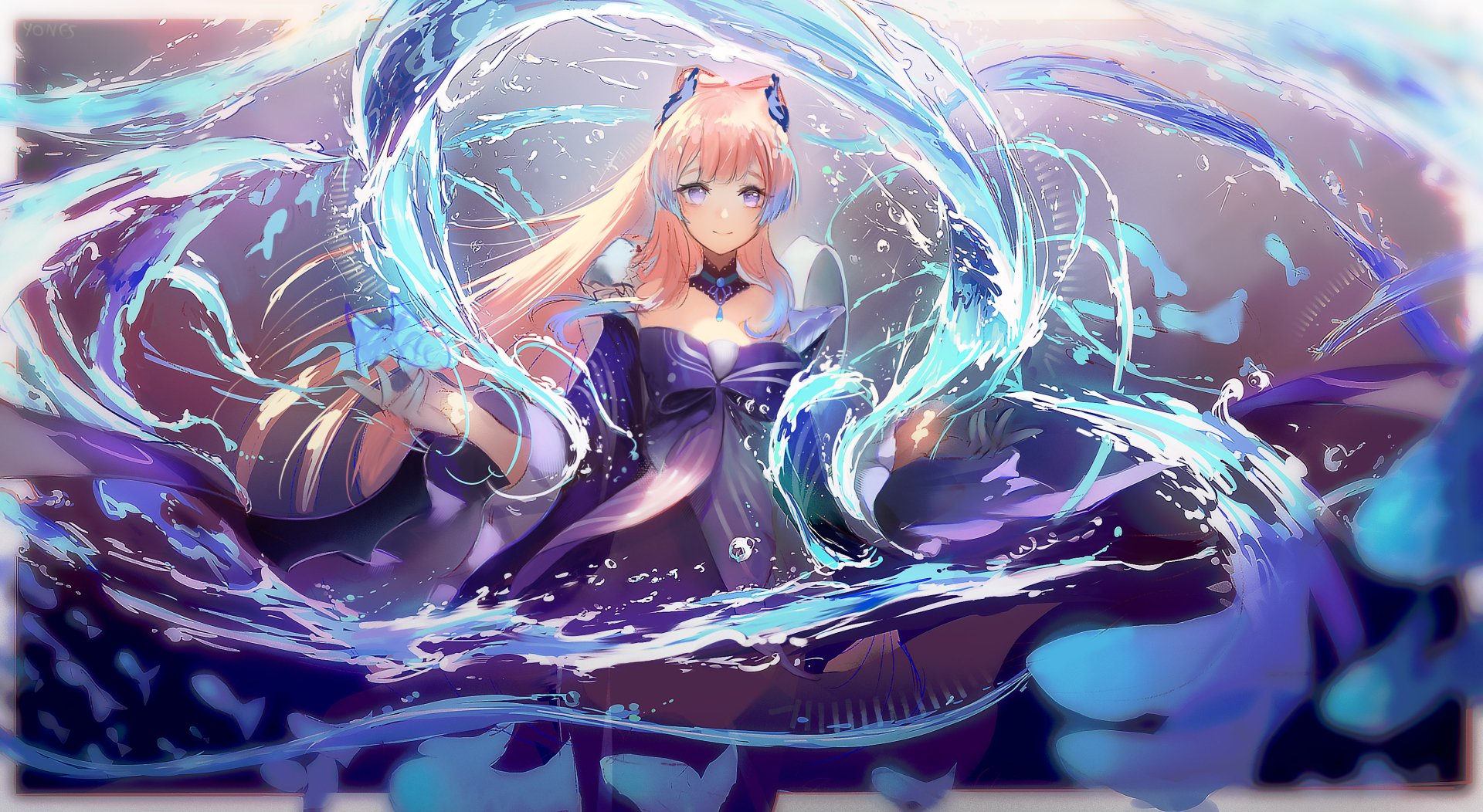 HD PC desktop wallpaper featuring Sangonomiya Kokomi from the video game Genshin Impact, surrounded by swirling water effects in vibrant blue and purple tones.