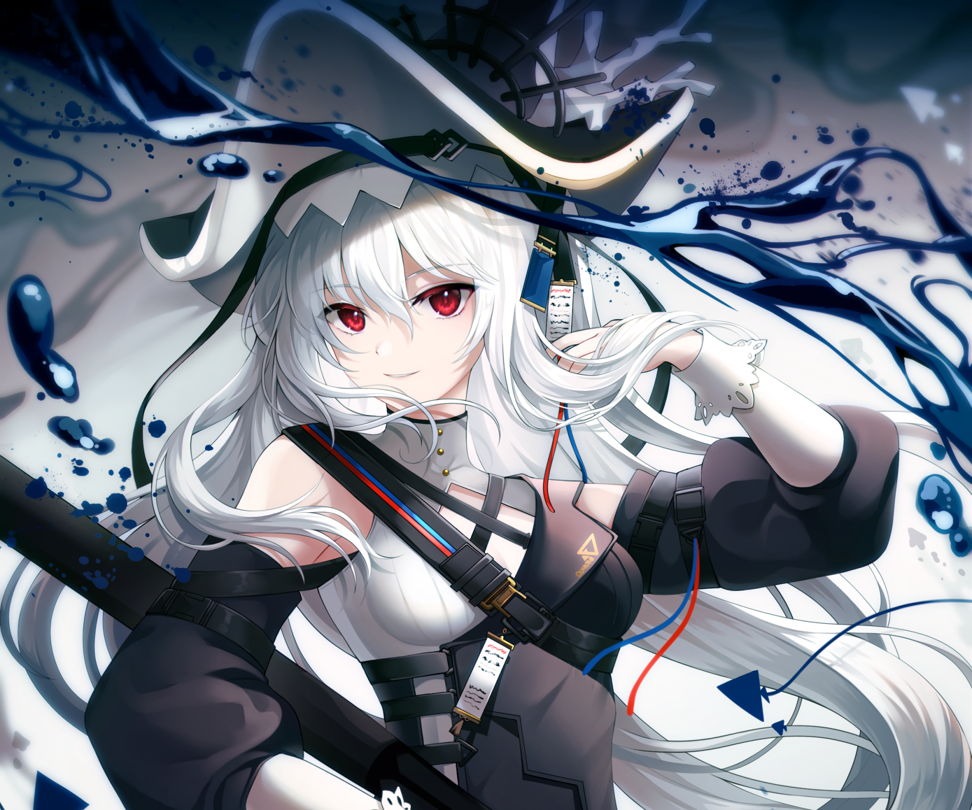 HD PC wallpaper of Specter (Arknights) from the Arknights video game: white-haired, red-eyed fighter in a black hooded outfit, wielding blades amid swirling inky blue splashes.
