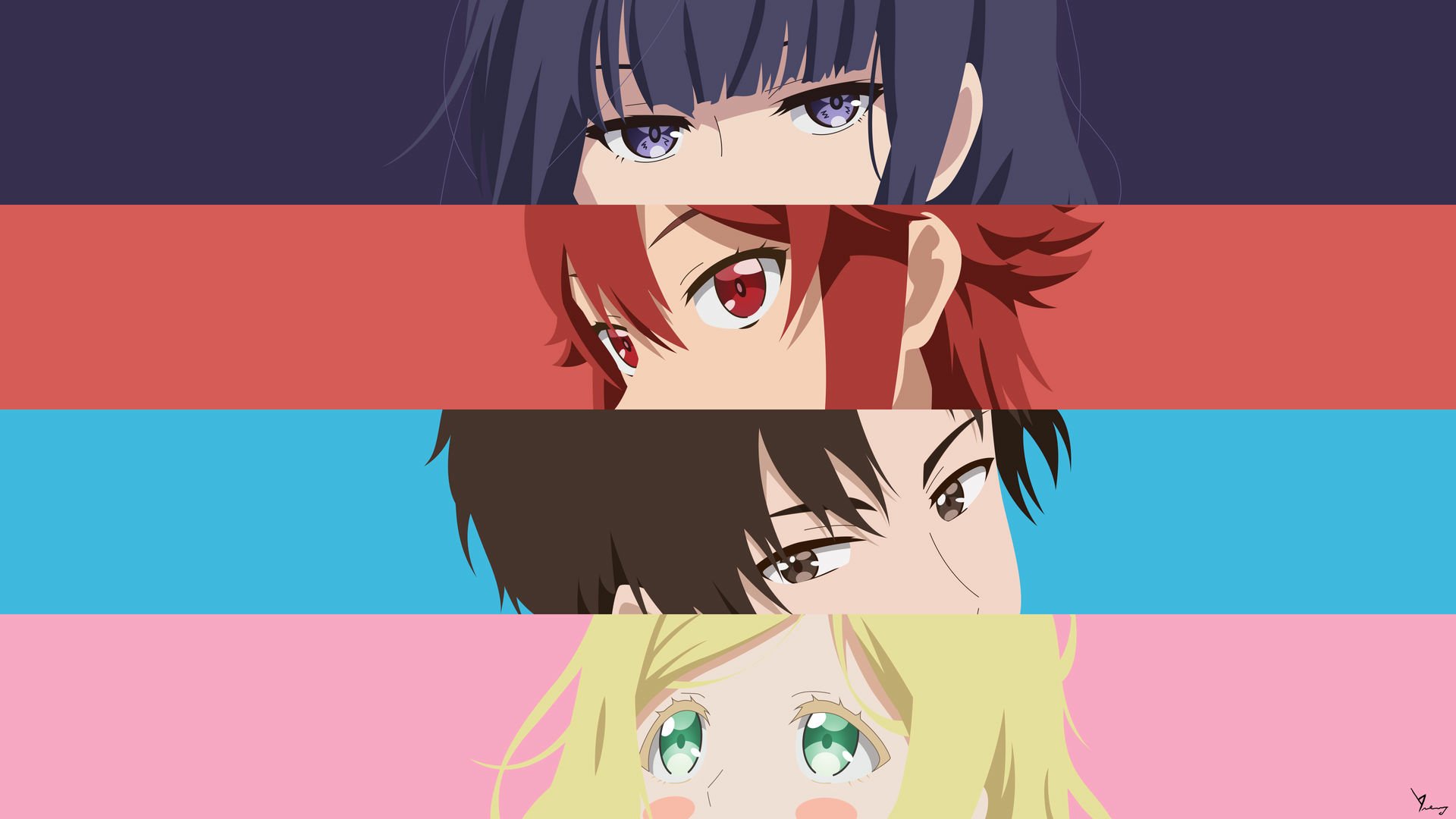HD PC desktop wallpaper featuring close-up anime portraits of characters from Tomo-chan Is a Girl! with colorful horizontal bars separating each face.