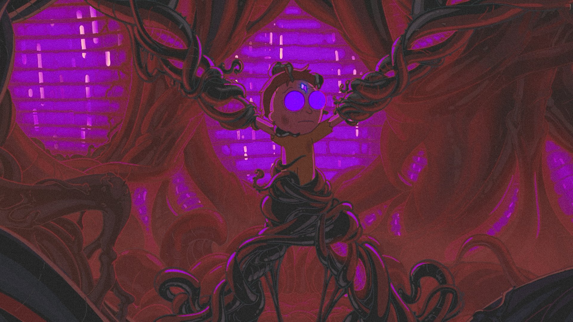 Rick and Morty HD PC desktop wallpaper/background: Morty entangled by black tendrils in a neon purple, organic chamber with glowing eyes and looming curtains.