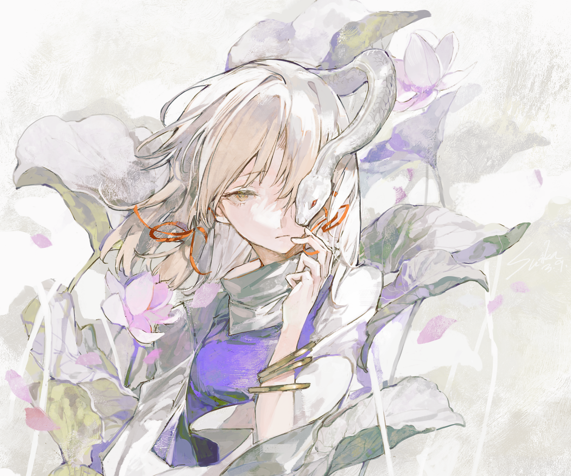 2K Quad HD PC wallpaper of Suwako Moriya (Touhou): ethereal anime portrait with pale hair, horn-like ornament, mask held to her face, flowing robes and pale watercolor flowers.