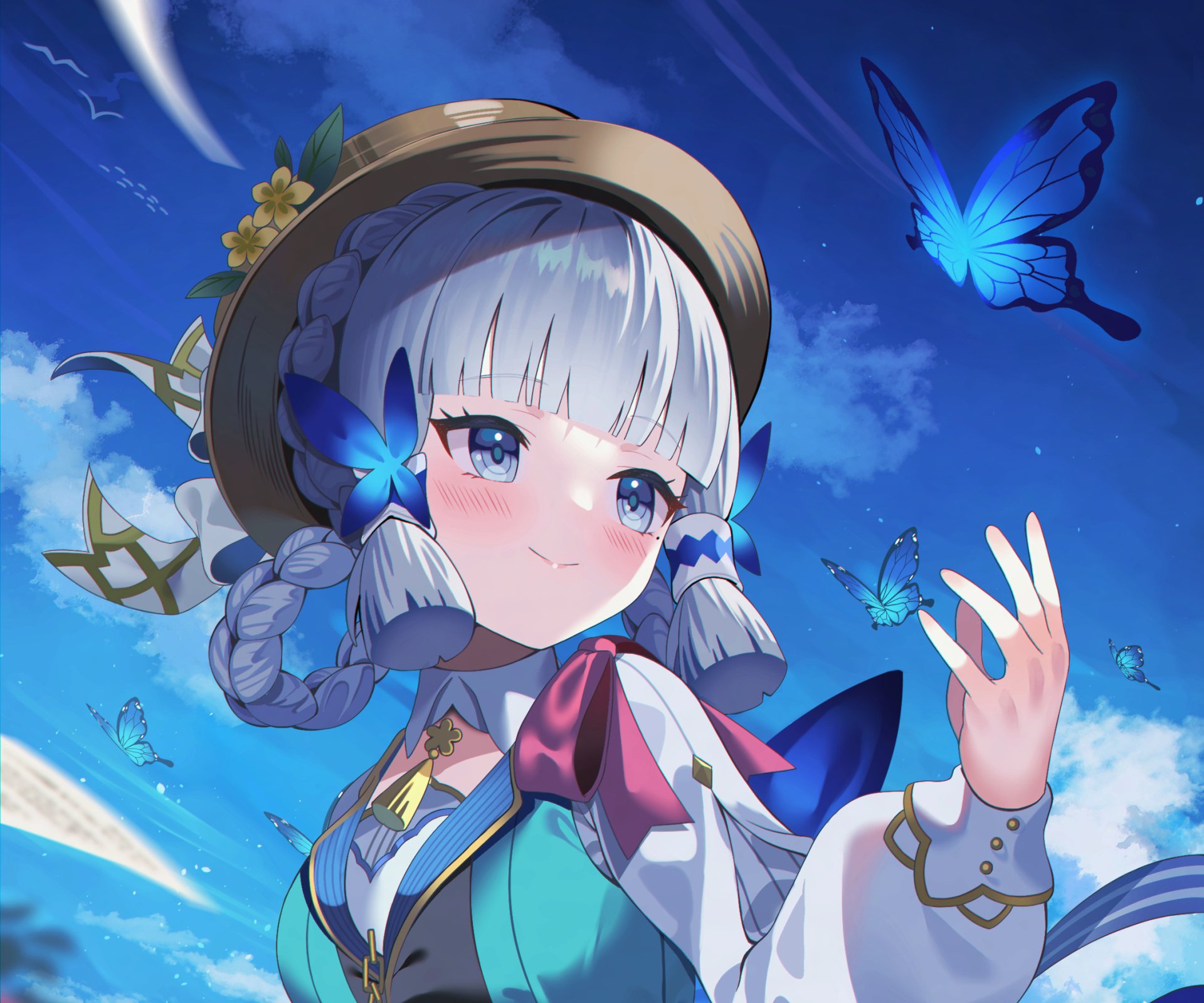HD PC desktop wallpaper featuring Kamisato Ayaka from the video game Genshin Impact, with blue butterflies and a vibrant sky background.