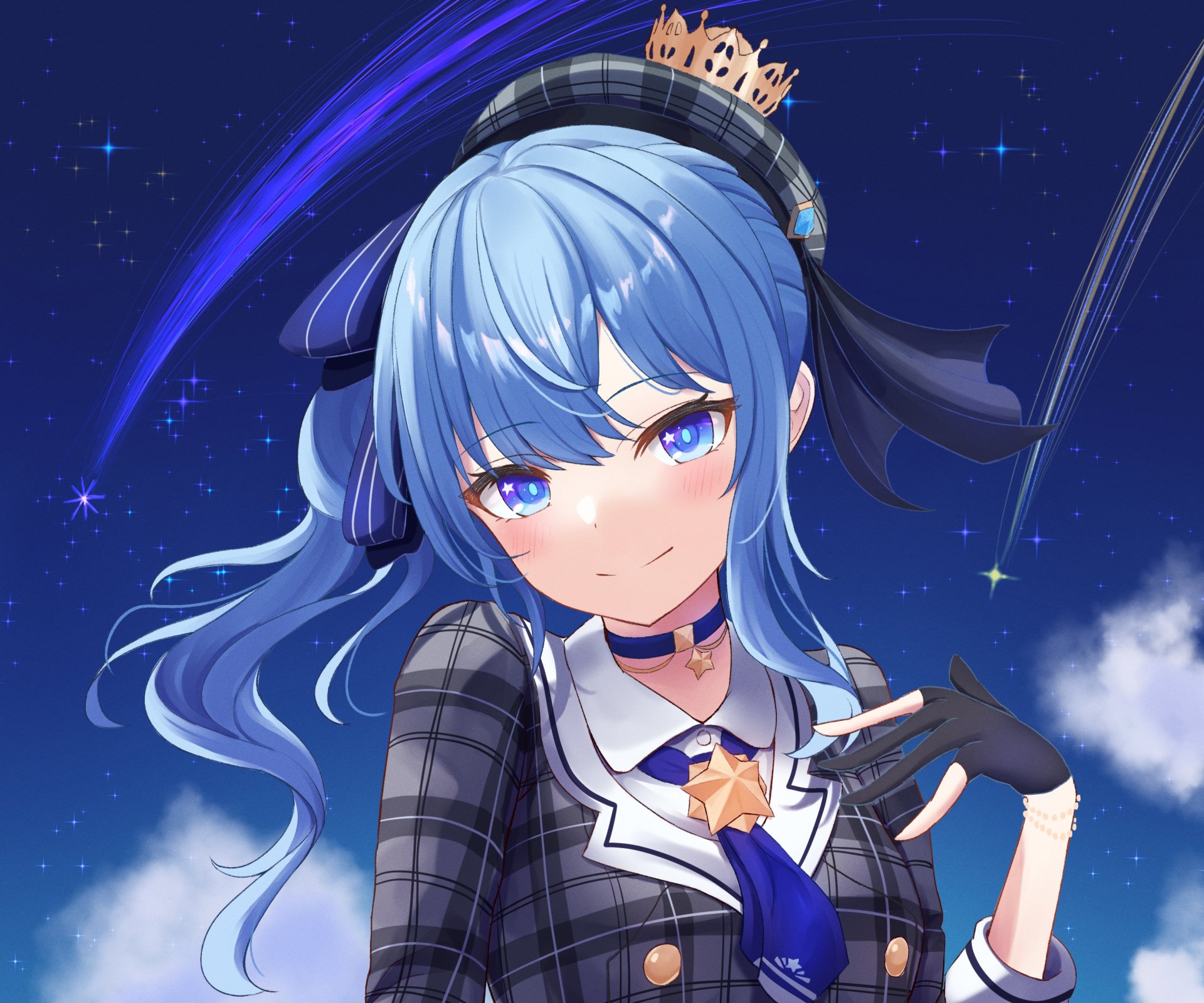Hoshimachi Suisei (hololive) anime Virtual YouTuber, blue-haired with a star choker, smiling against a starry night sky — 2K Quad HD PC desktop wallpaper/background.