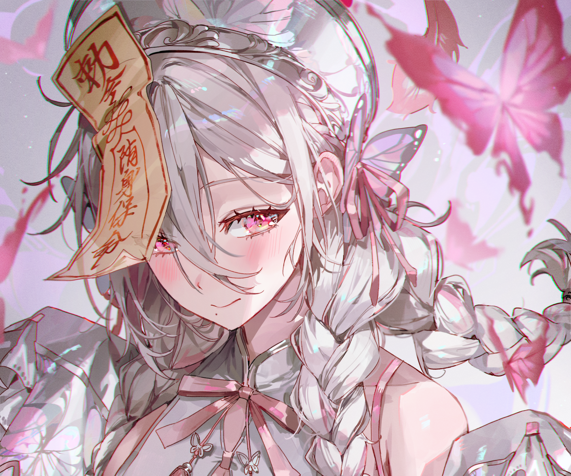 HD PC desktop wallpaper and background: anime girl with braided silver hair, pink eyes, floral ribbons and butterflies, bathed in a soft pastel pink glow.