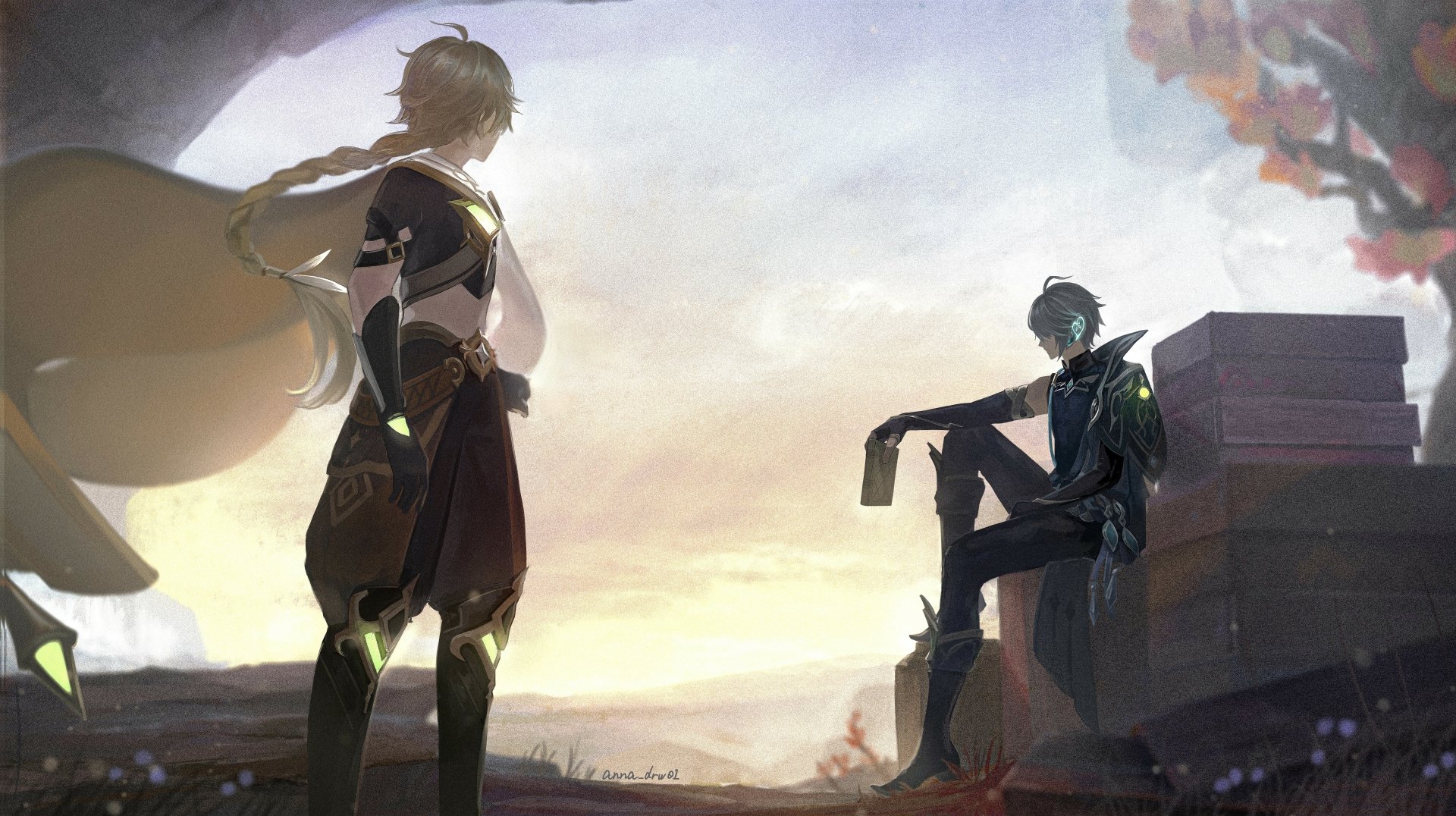 Al-haitham and Aether from Genshin Impact featured in an 8K Ultra HD PC desktop wallpaper, showcasing a detailed, atmospheric scene from the video game.