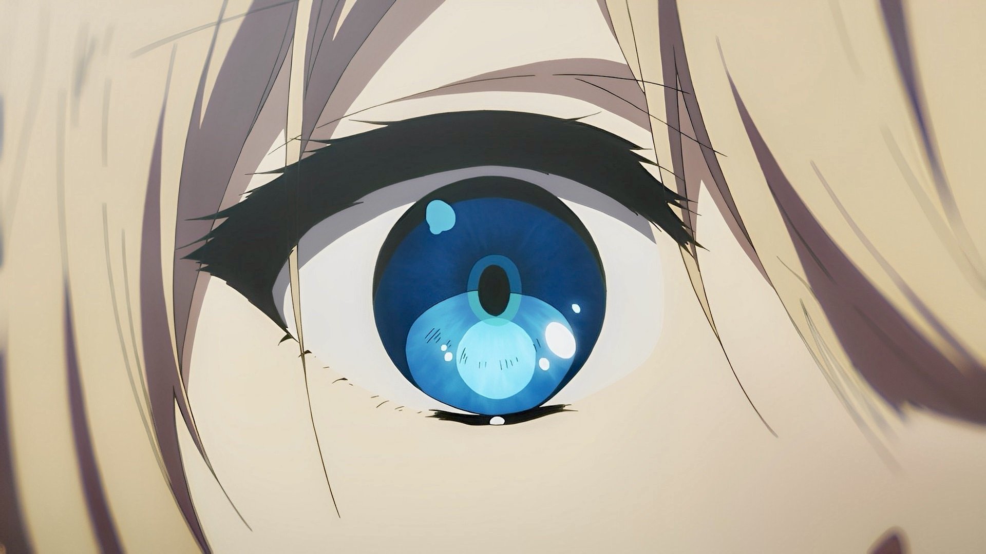 Close-up of Violet Evergarden’s blue eye from the anime, featured in a high-definition PC desktop wallpaper and background.