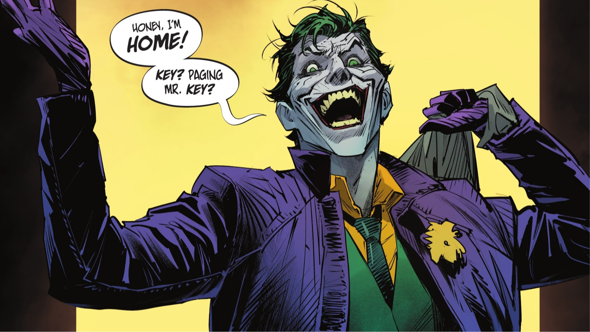 HD comic-style desktop wallpaper featuring the Joker with a wide grin, wearing a purple jacket and green vest, speaking in a speech bubble.