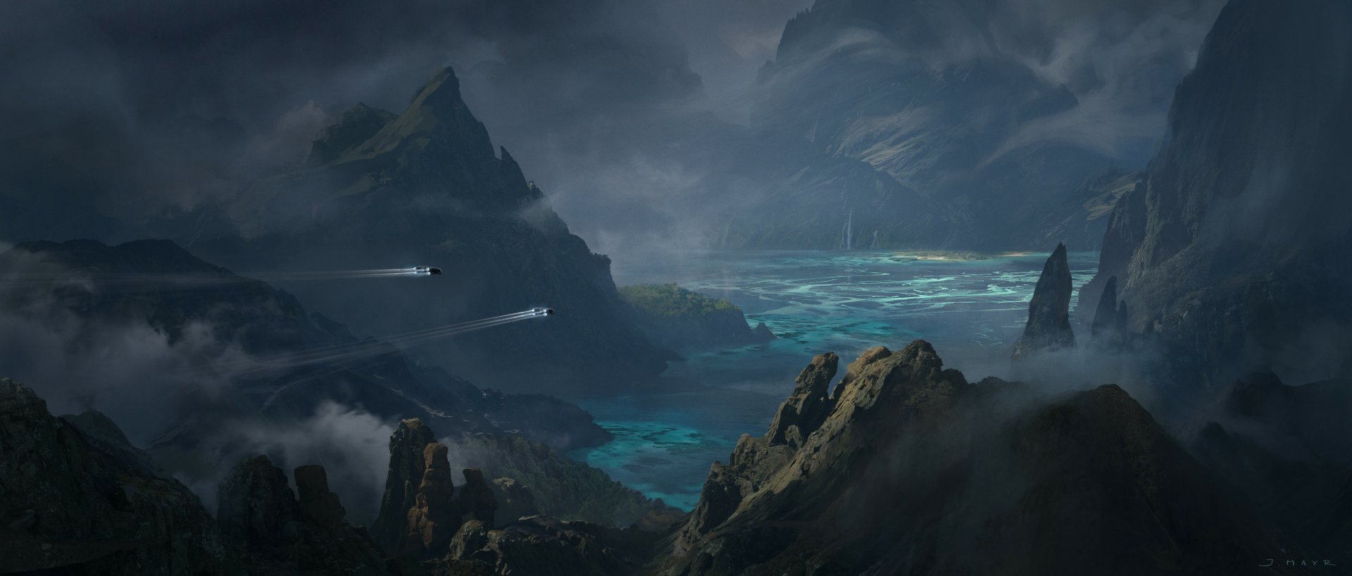 Sci-fi coastal landscape with jagged peaks, misty turquoise waters and two streaking craft, rendered as a 2K Quad HD PC desktop wallpaper and background.
