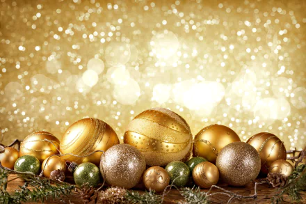 A festive display of gold and green baubles with sparkling bokeh lights, captured in a 4K Ultra HD holiday Christmas desktop wallpaper.