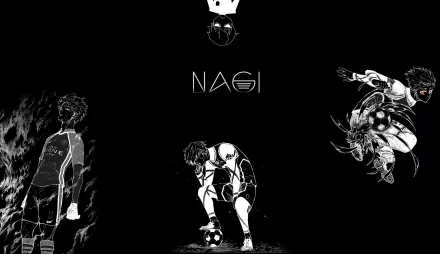 HD anime wallpaper featuring Seishiro Nagi from Blue Lock in dynamic black and white illustrations with bold text NAGI centered on a black background.