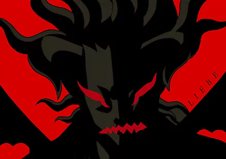 4K Ultra HD PC wallpaper featuring Liebe from the anime Black Clover, highlighting his dark silhouette and intense red eyes against a bold red background.