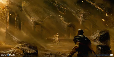 God of War: Ragnarök video game 2K Quad HD PC wallpaper — Kratos in a golden, ash-filled ruin facing a lone figure among broken pillars.