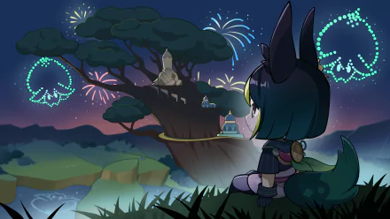 HD PC desktop wallpaper featuring Tighnari from Genshin Impact, set against a night sky illuminated by colorful fireworks and glowing jellyfish-like shapes.