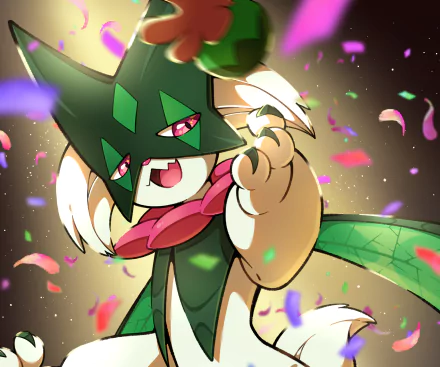 HD PC desktop wallpaper featuring Meowscarada from the video game Pokémon: Scarlet and Violet with dynamic lighting and colorful petals.