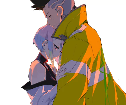 HD anime desktop wallpaper featuring David and Lucy from Cyberpunk: Edgerunners in a close, emotional embrace with vibrant cyberpunk-style colors.