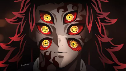 HD anime desktop wallpaper featuring Kokushibo from Demon Slayer: Kimetsu no Yaiba with his six intense yellow and red eyes prominently displayed.