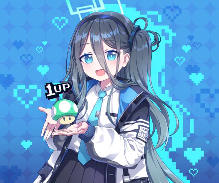 HD PC desktop wallpaper of Tendou Alice from the video game Blue Archive, featuring her holding a 1-Up mushroom with a blue pixelated heart background.