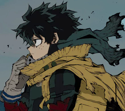 HD desktop wallpaper featuring Izuku Midoriya from the anime My Hero Academia, portrayed in a contemplative side profile with a tattered scarf blowing in the wind.