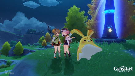 HD PC desktop wallpaper at night from the video game Genshin Impact: cute Yaoyao and Diona with a big yellow rabbit companion by a glowing tower on a grassy hill.