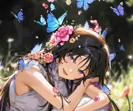 HD anime desktop wallpaper featuring a smiling anime girl adorned with a flower crown, surrounded by vibrant blue butterflies in a bright outdoor setting.