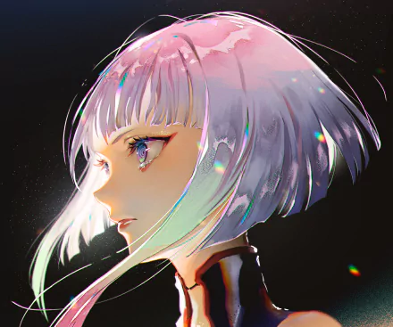 HD PC desktop wallpaper featuring Lucy from the anime Cyberpunk: Edgerunners in a vibrant, detailed close-up profile with glowing highlights and cyberpunk aesthetics.