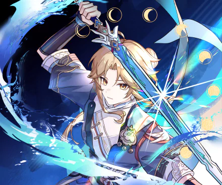 HD PC desktop wallpaper featuring a dynamic character from the video game Honkai: Star Rail wielding a glowing sword amid vibrant blue energy effects.