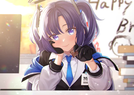 4K Ultra HD PC wallpaper of Hayase Yuuka from the Blue Archive video game: smiling purple-haired school-uniform character at a desk, warm sunlight and soft bokeh background.