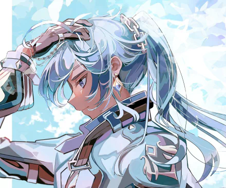 Kaeya (Genshin Impact) profile portrait with icy-blue hair and ornate outfit against a crystalline sky — HD PC desktop wallpaper from the video game.