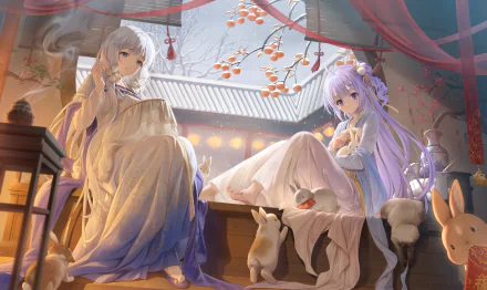 HD PC desktop wallpaper featuring anime characters Illustrious and Unicorn from Azur Lane in a serene setting with rabbits and autumn leaves.