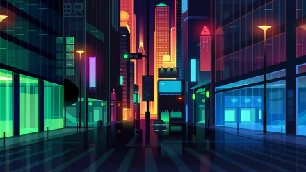 Artistic, minimalist neon cityscape at night with glowing skyscrapers, street lights and reflections — HD PC desktop wallpaper and background.