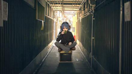 4K Ultra HD anime wallpaper of Ryou Yamada from Bocchi the Rock!, sitting cross-legged in a narrow, sunlit alleyway, headphones on and fingers to lips.