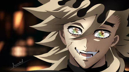 Close-up 4K Ultra HD wallpaper of Doma from Demon Slayer: Kimetsu no Yaiba, featuring his distinctive eyes and sharp fangs against a dark background.