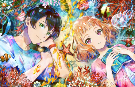 5K anime desktop wallpaper of Josee and a companion from Josee, the Tiger and the Fish amid vivid coral, sea life, and glowing colors; art by Tsuneo Suzukawa.