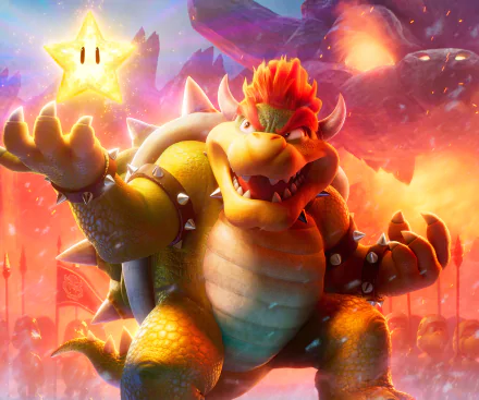 HD PC desktop wallpaper featuring Bowser from the Super Mario Bros. (2023) movie, surrounded by vibrant fiery and starry elements.