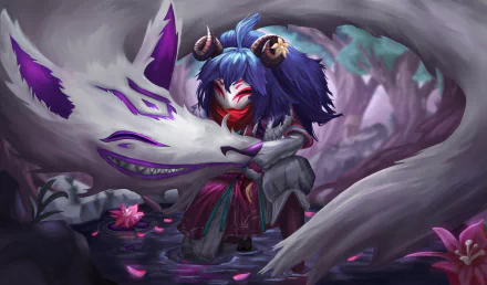 Kindred, agents of Death in League of Legends, embrace in misty Shadow Isles — wolf and mask-faced lamb in a haunting HD PC desktop wallpaper, League of Legends video game art.