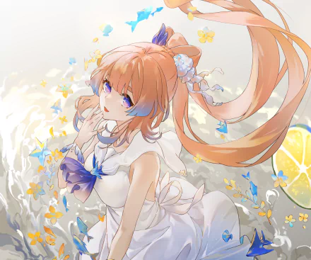 HD PC desktop wallpaper featuring Sangonomiya Kokomi from the video game Genshin Impact, surrounded by soft floral and lemon accents in a bright, airy setting.