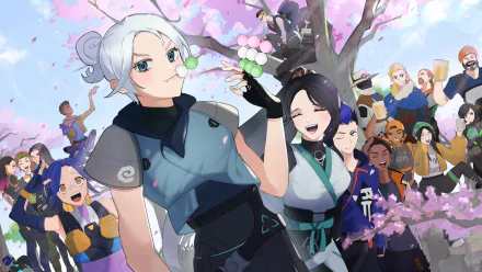 HD PC desktop wallpaper/background of Valorant video game characters Jett, Astra, Fade, Skye and Reyna posing joyfully under cherry blossoms in vibrant anime-style art.