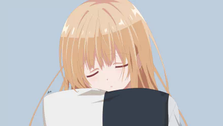 Mahiru Shiina from The Angel Next Door Spoils Me Rotten depicted with closed eyes, hugging a pillow in a 4K Ultra HD anime desktop wallpaper.